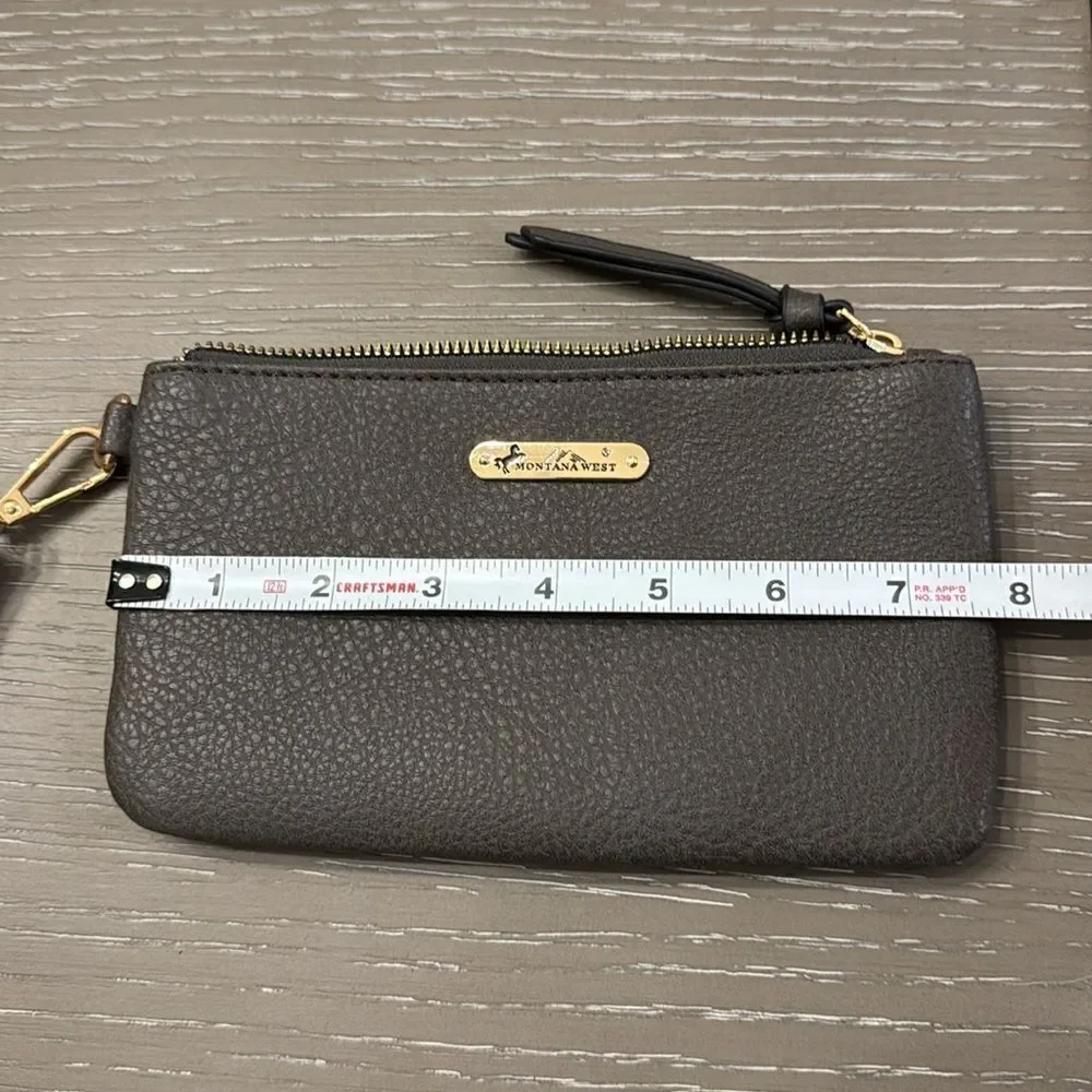 Montana West Clutch Wristlet Vegan Leather Olive Green/Brownish Top Zip EUC